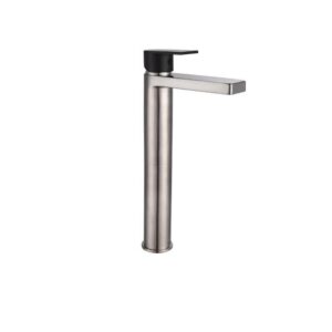 EEVA Round Basin Mixer Tap -Extended/Tall - Straight Spout - Brushed Nickel/Black