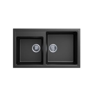 Vivaldi N200 Granite Kitchen Sink - 860 x 500mm Double Bowl - Deep Black - Top/Under Mount